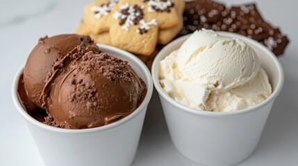 Ice cream next to hot chocolate and gingerbread cookies. 
