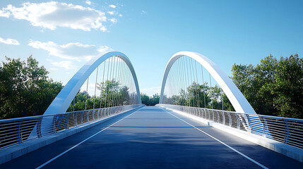 Obraz premium modern pedestrian bridge arches gracefully over serene landscape, surrounded by lush greenery and clear blue sky
