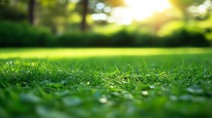 Naklejka premium Green lawn close up with blurred sunny meadow. Space for text
