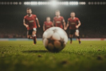 Intense football match captured with players rushing towards bal