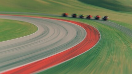 Curved racetrack surrounded by lush greenery, showcasing speedy