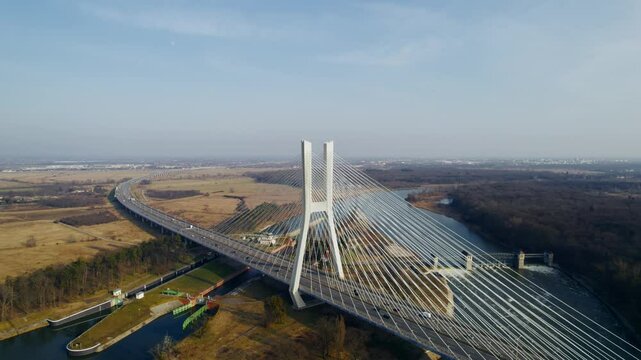 Poland&rsquo;s largest bridge, Rędzin, filmed by drone over the Odra River