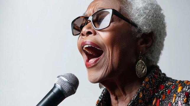 Empowered Elderly Woman Singing Joyfully in Stylish Outfit with Microphone