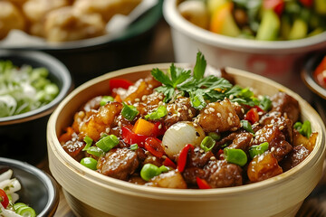 Delicious asian glazed meat dish with vegetables and sesame seed garnish in wooden bowl served with side dishes