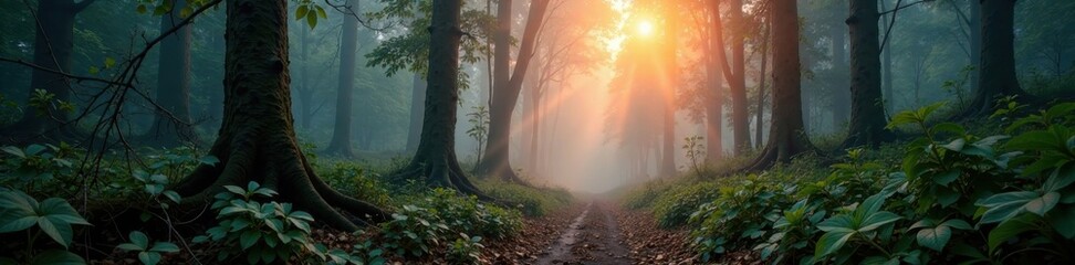 Fototapeta premium Misty forest at dawn with fallen branches and overgrown vines, vine, forest, nature