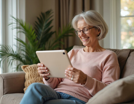 Mature woman using tablet at home, video calling in living room. Attractive older caucasian lady relaxing with modern technology. White haired female sitting on sofa surfing media, smiling.