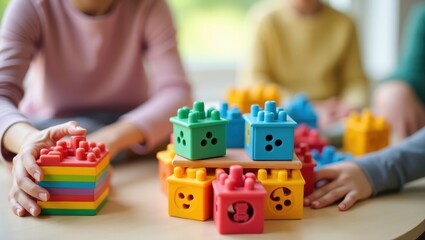 Sensory Toy. Colorful baby blocks with animal faces, children playing