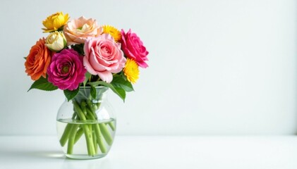 Obraz premium Mixed flowers in glass vase on plain white surface, arrangements, decorative, petals