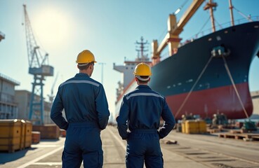 Two naval industry workers with yellow helmets look at ship under construction. Men at shipyard wearing safety uniform, oversee construction, dock design, vessel hull. Engineers at work at site,