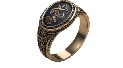 Golden Ring of History: An intricately designed golden ring, showcasing ornate details, a dark central stone, and embossed patterns, offering a glimpse into a world of elegance and craftsmanship.