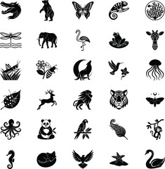 Wildlife Animal Icons Nature, Fauna, Biodiversity, Black and White Illustrations