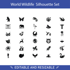Editable Resizable World Wildlife Silhouette Set Icons Vector