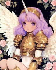 Cute Kawaii Pegasus Unicorn Knight Girl, wearing Bronze and White Armor