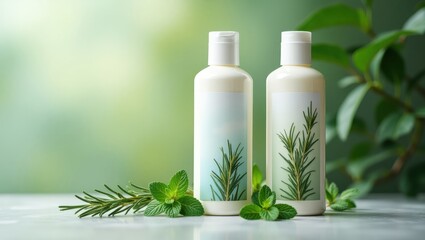 Rosemary Conditioner. White cosmetic bottles with rosemary leaves and mint green sprigs, skincare products on marble surface, spa treatment, natural beauty, wellness, calm green plants background, fr