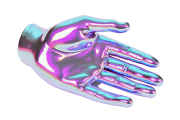 Futuristic holographic robotic hand isolated on white background. Iridescent cybernetic palm, high-tech artificial limb, cyberpunk prosthetic, glossy mechanical hand, advanced bionic technology