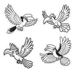 High-Quality Cute Cartoonic Flying Hornbill Outline Vector Illustrations