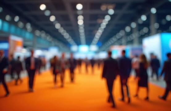 Blurred people walk around at business conference, trade show. Defocused crowd in modern building interior, exhibition center. Abstract background, bokeh effect. Copy space on wallpaper. Industry
