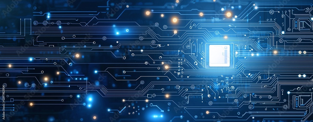 Poster a close-up view of a blue circuit board with intricate patterns and glowing lights, representing adv