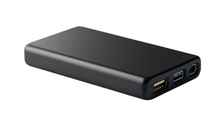 Power Bank for digital life: a sleek black power bank with multiple ports, including USB-A and USB-C, designed for portable charging on the go, symbolizing modern digital living.