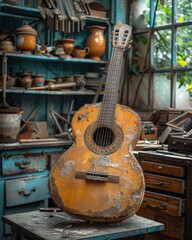 Weathered acoustic guitar resting on a workbench in a rustic workshop, surrounded by antique tools and pottery.  A nostalgic scene of forgotten memories and musical history.