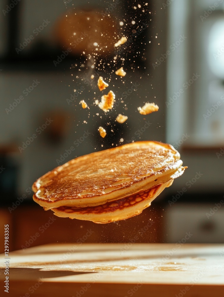 Aufkleber Stack of pancakes floating above a wooden surface in a bright kitchen with sunlight filtering through. Generative AI