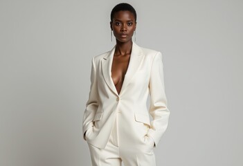 Obraz premium Woman in a white blazer with a deep neckline and trousers