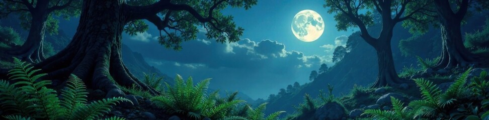 Fototapeta premium Moonlit forest with ferns and ancient trees, forest, moonlight, mystery