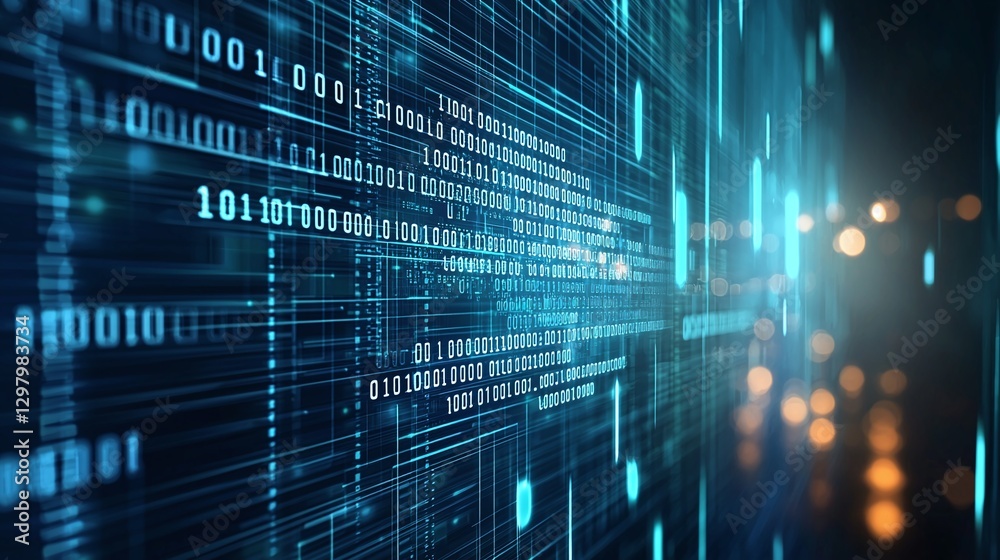 Poster a detailed digital background featuring flowing binary code in vibrant blue tones. this image repres