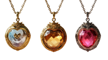 Three Heart Pendants: A trio of intricately designed heart pendants, each with a different gemstone - clear, amber, and ruby - hang from delicate chains against a crisp white background.  
