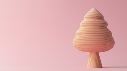 Minimalist wooden tree sculpture on a pink background.