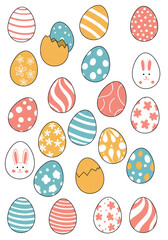Illustration of patterned Easter eggs in pastel colors on a white background