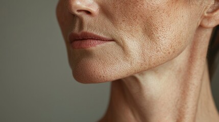 Fototapeta premium Portrait of a Woman Emphasizing Flabbiness and Wrinkles in the Skin Under Natural Lighting