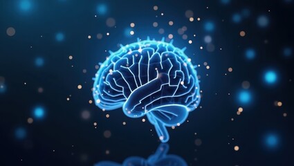 Swarm Ai. Glowing blue digital human brain illustration with neural network connections, futuristic technology concept for medical research, AI development, science background with bokeh lights effec