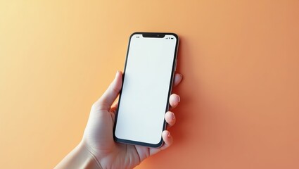 Talkpal. Young female hand with pink nails holding black smartphone with blank screen, technology usage, mobile app showcase, peach background, modern digital lifestyle concept, minimalistic design,