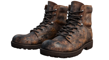 Well-worn Leather Boots: A pair of rugged, well-worn leather boots, showing signs of wear and tear, sit against a white background.  The boots are brown with dark accents.
