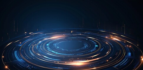 Fototapeta premium A dynamic abstract background featuring glowing circles in blue and orange hues, representing digital innovation and futuristic design elements.