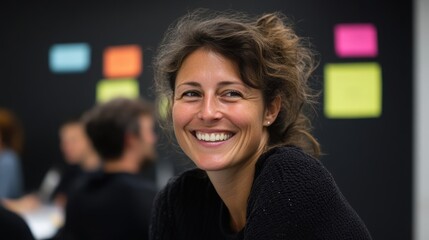 Smiling woman enjoying participation at a workshop with colleagues in the background sharing ideas 