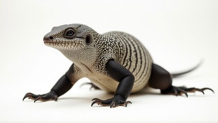 Obraz premium Tegus. Close-up of black and white spiny-tailed lizard crawling on plain white background ideal for wildlife, reptiles, nature, biology, education, and exotic animal themes, clean minimal studio sett