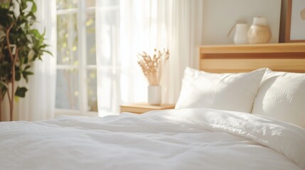 Fototapeta premium Cozy bedroom with natural light illuminating a neatly made bed surrounded by soft decor and greenery in a peaceful atmosphere