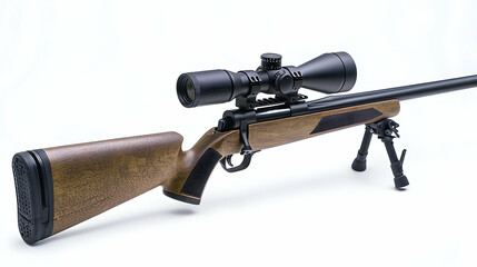 Detailed Rifle with Mounted Scope and Bipod on White Background