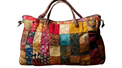 Patchwork Bag: A vibrant, multi-colored patchwork bag showcases a unique blend of textures and designs, representing a fusion of artistry and practicality. 