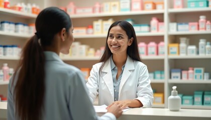Indian female pharmacist assists customer at counter, providing medication, friendly advice with smile. Woman in drugstore serves client, selling prescription medicine. Healthcare pro at pharmacy.