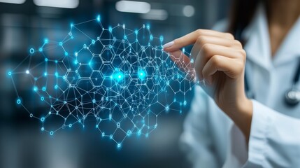 Doctor interacting with futuristic glowing molecule structure, innovative medical technology concept