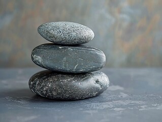 Three Smooth Stacked Stones for Relaxation and Therapy in Soft Natural Light Against a Blurred Background