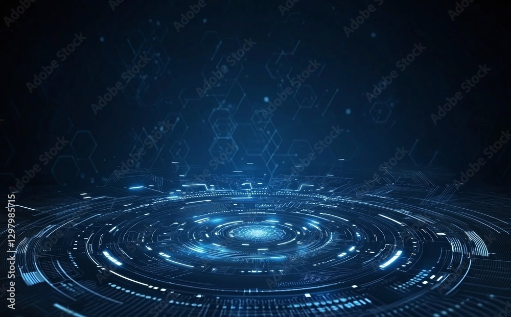 Poster a futuristic blue digital background featuring glowing circular patterns representing data flow and 