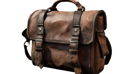 Vintage Leather Messenger Bag: A well-worn, brown leather messenger bag with a distressed vintage look, showcasing unique character and durability. The bag features sturdy straps, buckles.