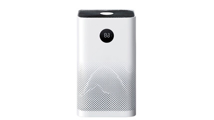 Modern Air Purifier: A sleek white air purifier with a digital display stands on a neutral background, exuding a sense of clean, fresh air and modern aesthetics.
