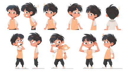 Cartoon boy character constructor set in different poses, front, back, and side views.
