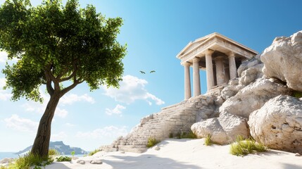 Ancient Greek Temple Ruins on Sunny Coastline
