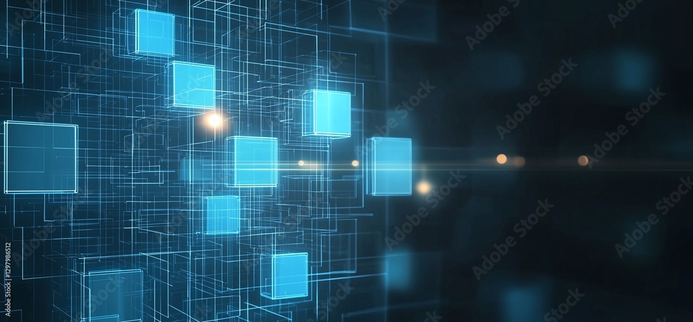 Poster a futuristic digital background showcasing interconnected blue cubes and grid patterns, perfect for 